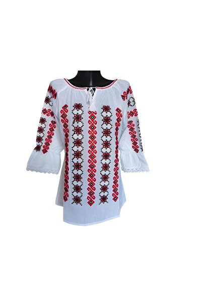 Inovius Bluza Tip Ie Traditionala Alba cu Motiv Geometric Rosu de Dama - IMS1...