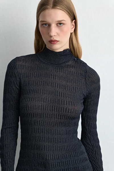 Gusto Mock Neck Pack Seersucker Knitwear Blouse - Navy Blue