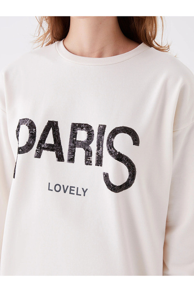 LC Waikiki Lcwaikiki Basic Ecru Crew Neck Printed Long Sleeve Oversized Women's Sweatshirt Tunic