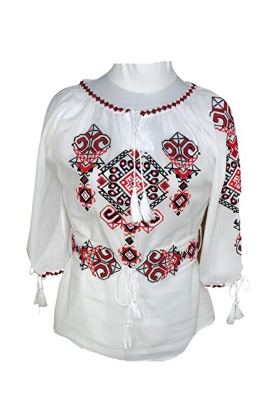 Inovius Bluza Tip Ie Traditionala Alba cu Motiv Geometric Rosu de Dama - IMS8...