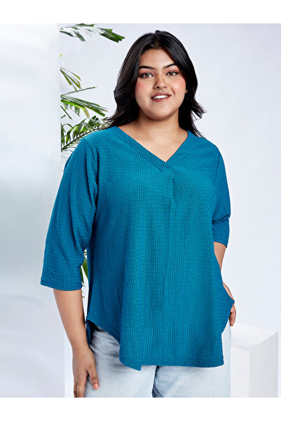 Globus By Styli Plus Size Blue Textured V-Neck Top
