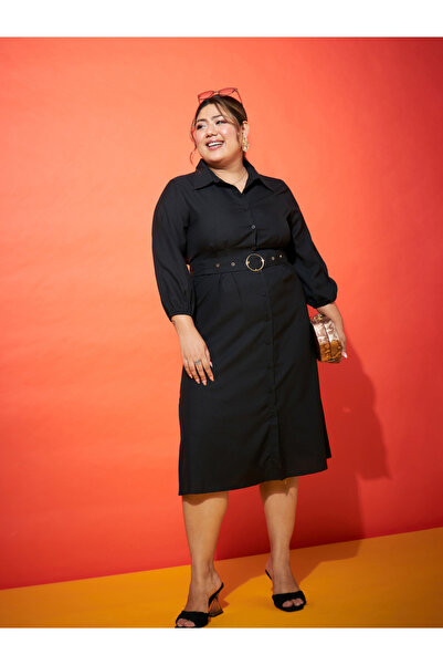Sassafras By Styli Plus Size Black Shirt Belted Midi Dress