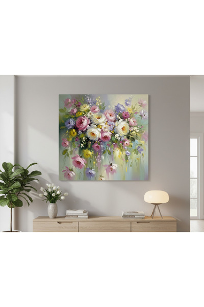 hollywest Yağlı Boya Efektli Çiçekler Kanvas Tablo,Pastel Gül Tablosu ,Romantik Pembe ve Beyaz Güller Tablo