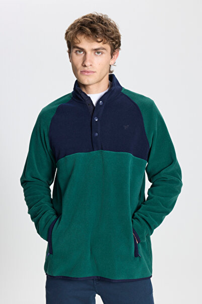 AC&Co / Altınyıldız Classics Green-Dark Blue Standard Fit Regular Cut Stand Collar Patterned Fleece Sweatshirt