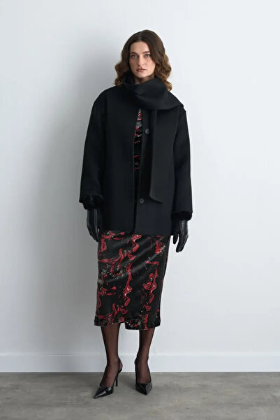 Gusto Wool Cashmere Coat with Scarf - Black
