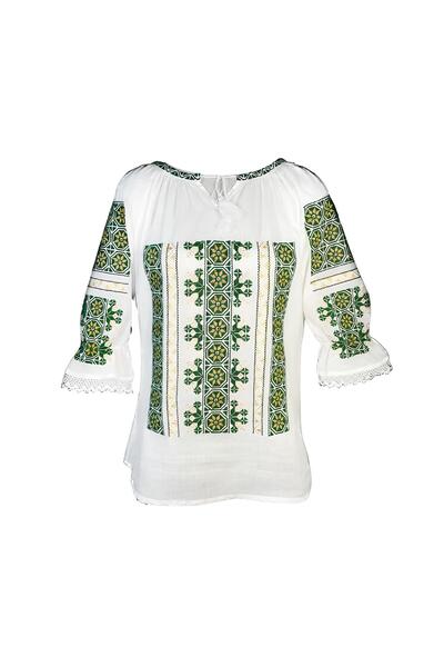 Inovius Bluza Tip Ie Traditionala Alba cu Motiv Floral Verde de Dama - IMS140 XXL