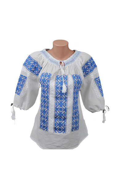 Inovius Bluza Tip Ie Traditionala Alba cu Motiv Geometric Albastru de Dama - ...
