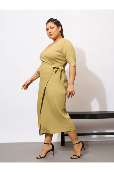 Sassafras By Styli Plus Size Khaki Rib Wrap Bodycon Midi Dress