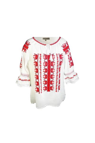 Inovius Bluza Tip Ie Traditionala Alba cu Motiv Geometric Rosu de Dama - IMS1...