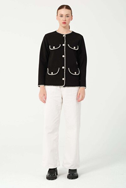 Hatun Atila Hatunatila Crochet Four-Pocket Look Cashmere Jacket 7867 Black