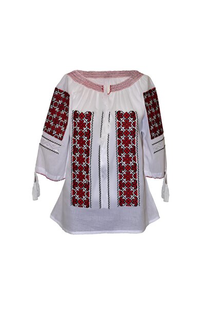 Inovius Bluza Tip Ie Traditionala Alba cu Motiv Geometric Rosu de Dama - IMS1...