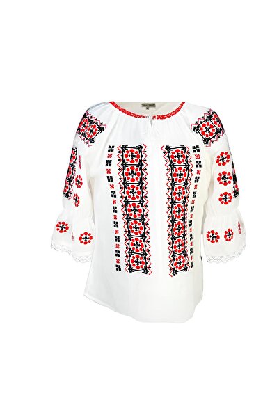 Inovius Bluza Tip Ie Traditionala Alba cu Motiv Geometric Rosu de Dama - IMS1...