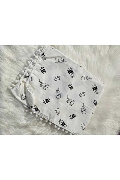 mayakids Baby White Milk and Drink Patterned Pompon Muslin Blanket
