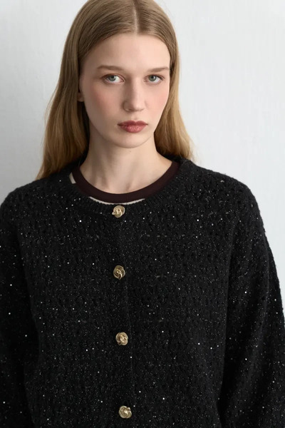 Gusto δαντελωτή πλέξη Πλεκτό Ζακέτα - Μαύρο