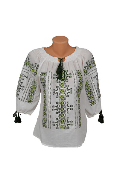 Inovius Bluza Tip Ie Traditionala Alba cu Motiv Geometric Verde de Dama - IMS...