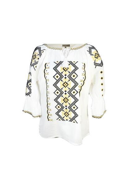 Inovius Bluza Tip Ie Traditionala Alba cu Motiv Geometric Crem de Dama - IMS1...