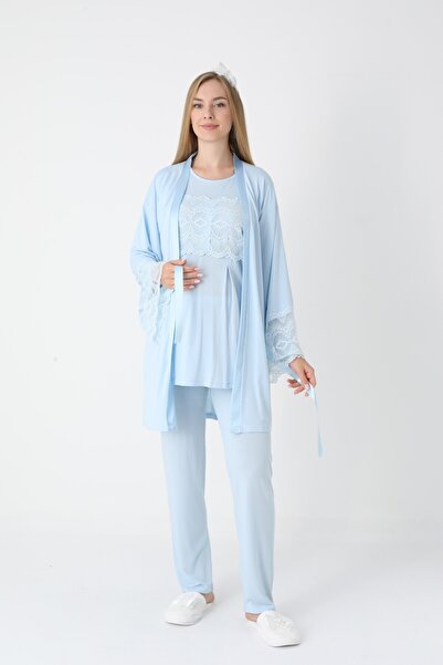 BLACKMORE Women's Blue Special Lace Design Cotton Winter Maternity Pajama Set with Dressing Gown 3' Pajama Set