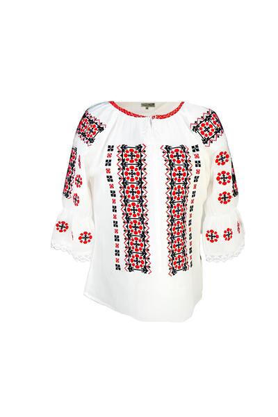 Inovius Bluza Tip Ie Traditionala Alba cu Motiv Geometric Rosu de Dama - IMS1...