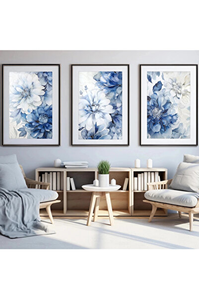 KOLAJTASARIM Modern and Blue Floral Pattern Artistic Black Metal Framed Glass Painting /S