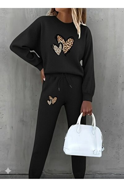 JANES Women's Long Sleeve Crew Neck Heart Pattern Fleece-Lined Three Yarn Blouse and Pants Double Suit