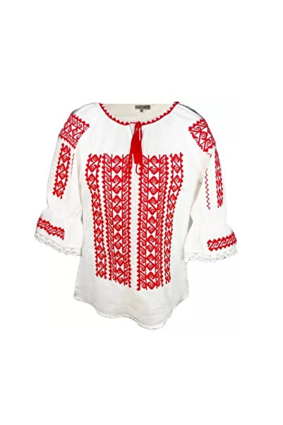 Inovius Bluza Tip Ie Traditionala Alba cu Motiv Geometric Rosu de Dama - IMS1...