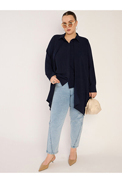 Femmella By Styli Plus Size Navy Asymmetric Button Down Shirt
