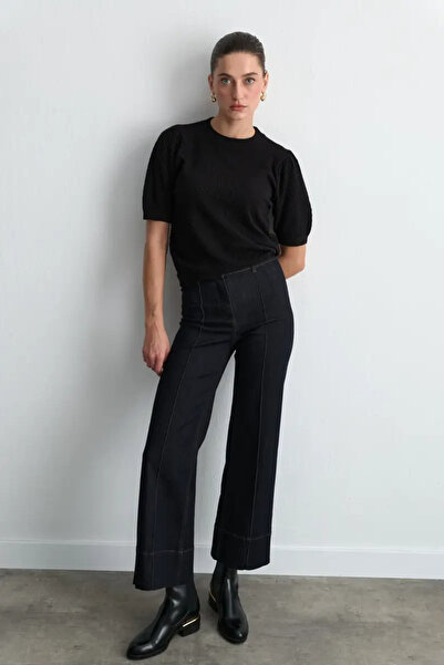 Gusto Rose Patterned Lace-Like Knit Viscose Knitwear Blouse - Black