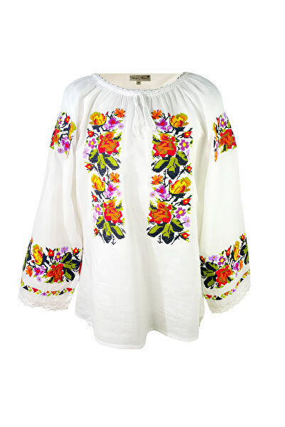 Inovius Παραδοσιακό λευκό φόρεμα με πολύχρωμο floral μοτίβο - IML17 XL