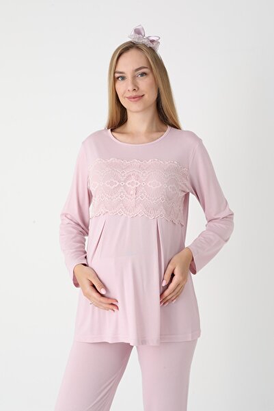 BLACKMORE Women's Salmon Special Lace Design Cotton Winter Maternity Pajama Set with Dressing Gown 3'