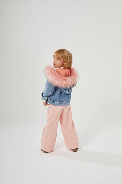 Polente Girl's Plush Pink Hooded Detailed Denim Jacket