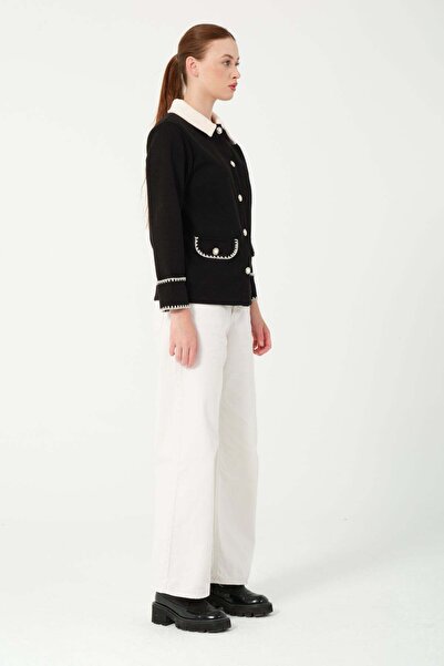 Hatun Atila Hatunatila Crochet Shirt Collar Pocket Detail Look Cashmere Jacket 7859 Black