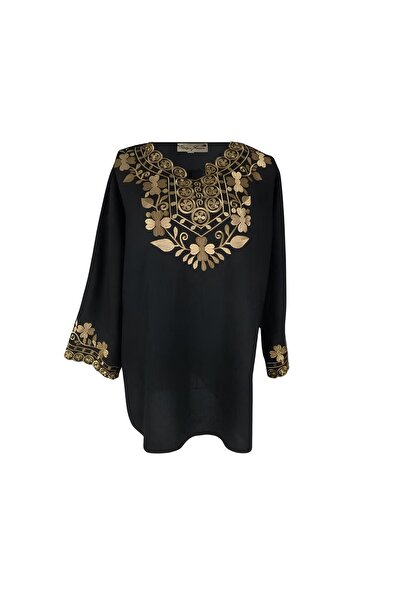 Inovius Bluza Tip Ie Traditionala Neagra cu Motiv Floral Auriu de Dama - IMS1...