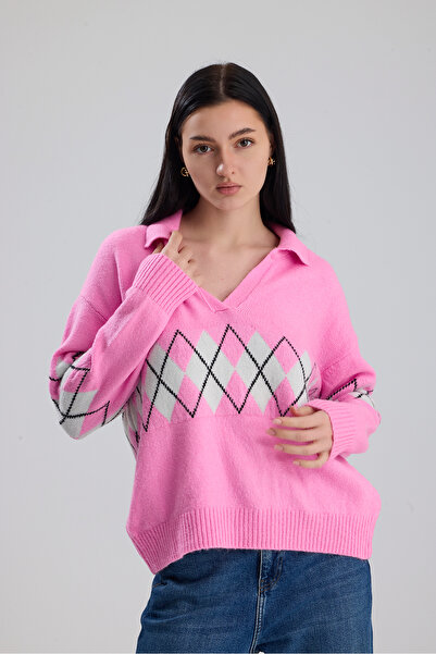 Figo Baklava Patterned Shirt Collar Women's Sweater