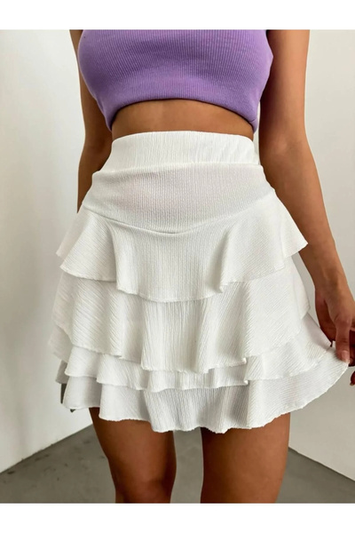 bysoca Γυναικεία λευκή ψηλόμεση ελαστική μίνι κοντή φούστα με υφή με βολάν σε...