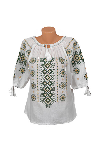 Inovius Bluza Tip Ie Alba cu Motiv Floral Verde - BMG39 3XL