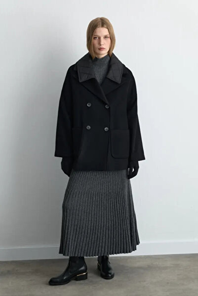 Gusto Quilted Collar Wool Coat - Black