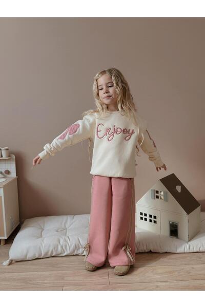 Patriko New Season Winter Embroidered Ribbon Detail Wide-Leg Stylish Bottom-Up Set with Inner Fleece for Girls, Ages 5-14