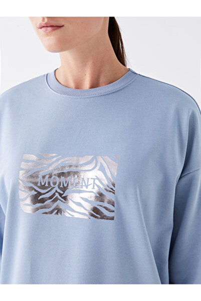 LC Waikiki Lcwaikiki Basic Blue Crew Neck Printed Long Sleeve Oversized Women's Sweatshirt Tunik