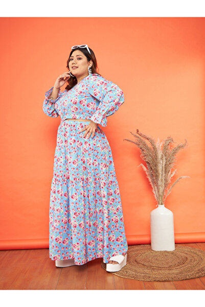 Sassafras By Styli Plus Size Blue Floral Waist Cut-Out Maxi Dress