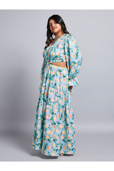 Globus By Styli Plus Size Blue Floral Print Maxi Dress