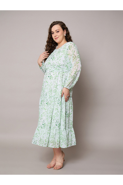 Sassafras By Styli Plus Size Green Floral Print Midi Dress
