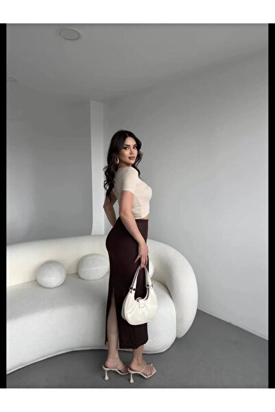 bysoca Kadın Kahverengi Yüksek Bel Yırtmaçlı Beli Lastikli Gofre Dokulu Vücudu Saran Midi Kalem Etek
