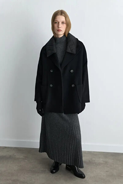 Gusto Quilted Collar Wool Coat - Black