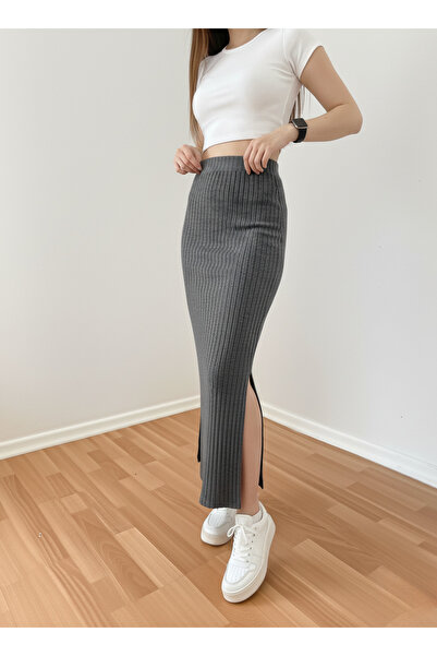 FOORS High Waist Slit Knitwear Corded Fabric Skirt