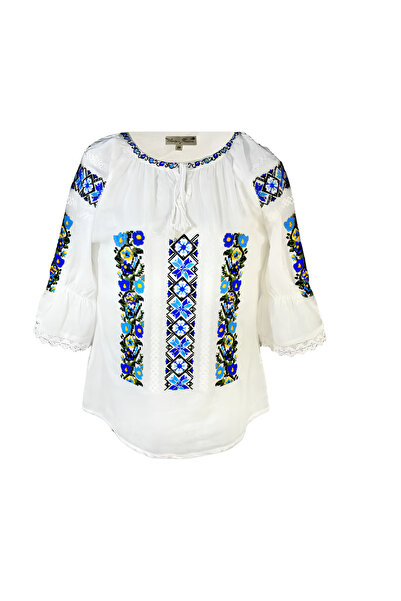 Inovius Bluza Tip Ie Alba cu Motiv Floral Albastru - BMG37 3XL