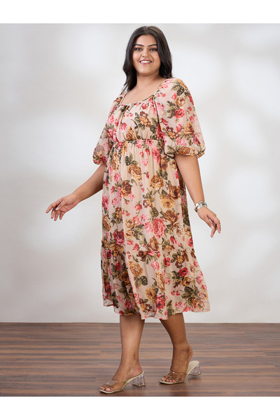 Globus By Styli Plus Size Beige Floral Print Midi Dress