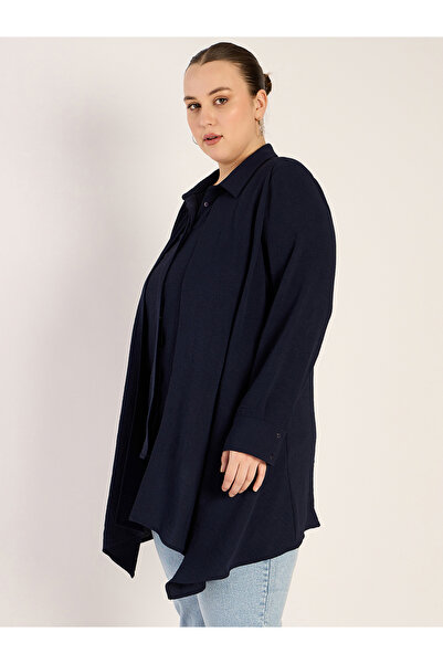 Femmella By Styli Plus Size Navy Asymmetric Button Down Shirt
