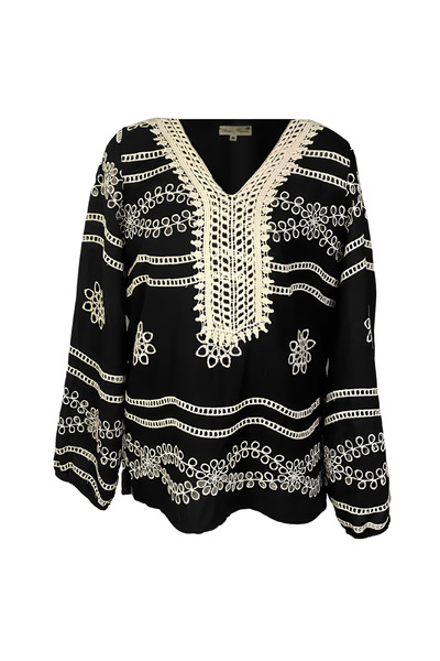 Inovius Bluza Tip Ie Neagra cu Motiv Floral Crem - BMG10 M