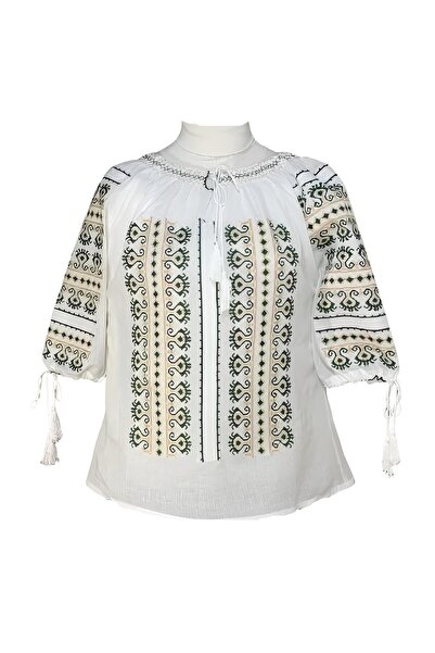 Inovius Ie Traditionala Alba cu Motiv Geometric Verde de Dama - IMS27 XXL