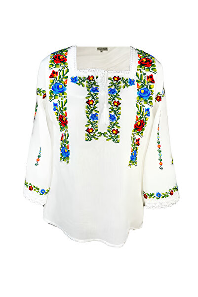 Inovius Bluza Tip Ie Alba cu Motiv Floral Multicolor - BMG26 XXL